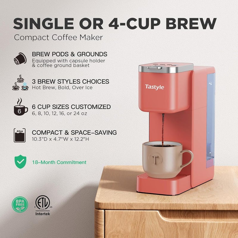 Tastyle Single Serve Coffee Maker, Iced and Hot Coffee Machine for K Cup & Grounds, Compact Design, 40oz Removable Water Reservoir, 6 to 24 Oz Brew Sizes, Fits 7.3" Travel Mug, Salmon - Image 2
